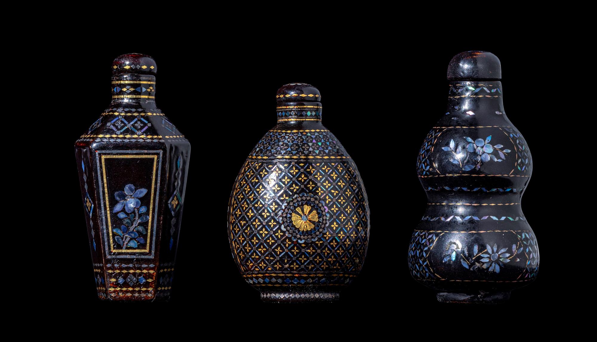 RELEASED TO MUSEUM - Three Chinese Lac Burgauté Snuff Bottles