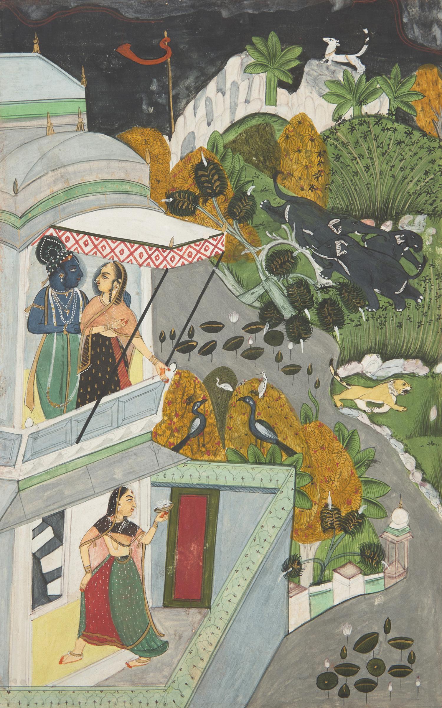 A Painting of Radha and Krishna Standing on a Projecting Balcony and A Painting of Radha and Krishna Seated Under a Dome, Probably Udaipur or Jaipur, India, 20th Century