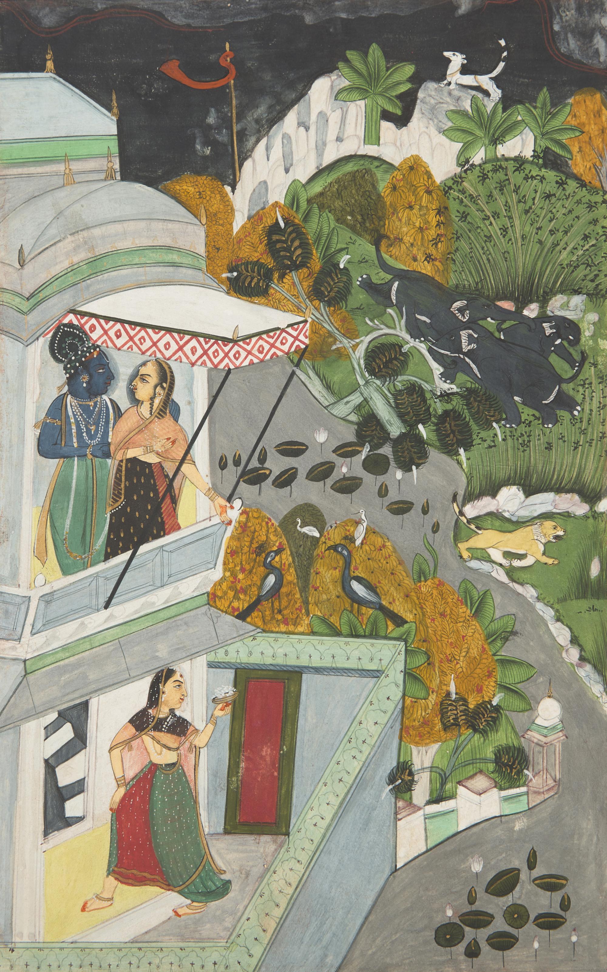 A Painting of Radha and Krishna Standing on a Projecting Balcony and A Painting of Radha and Krishna Seated Under a Dome, Probably Udaipur or Jaipur, India, 20th Century