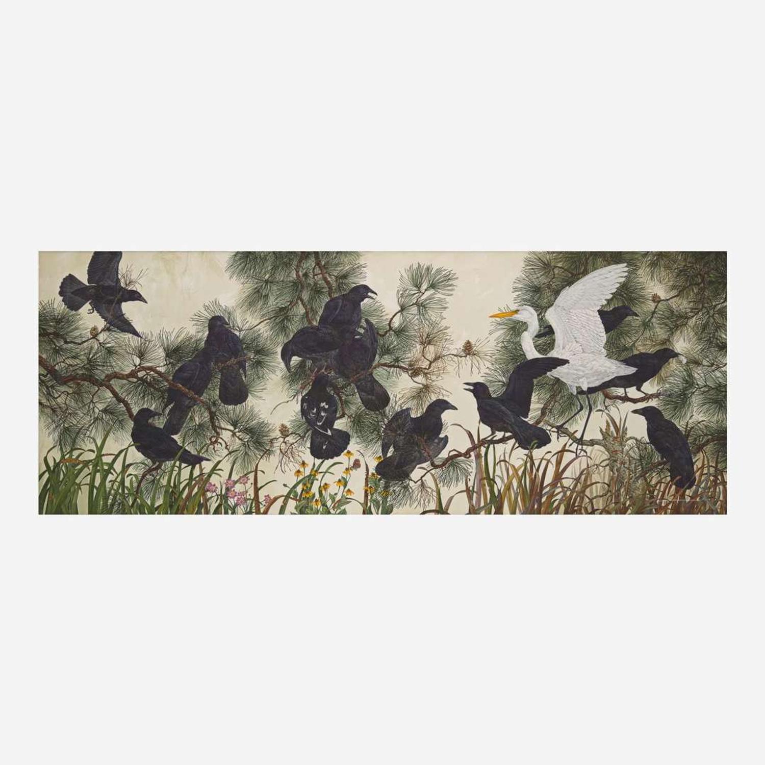 Robin Hill (American/Australian, B. 1932) Crows and American Egret