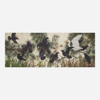 Robin Hill (American/Australian, B. 1932) Crows and American Egret
