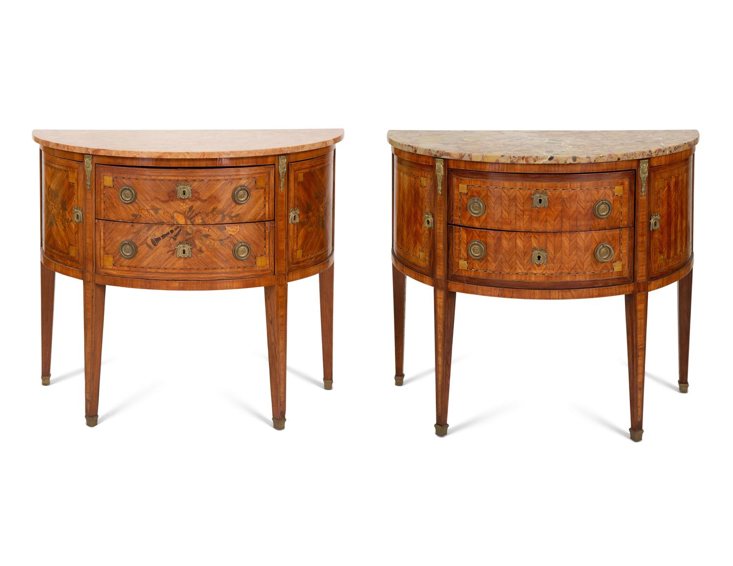 A Pair of Louis XVI Style Demilune Marble-Top Small Commodes