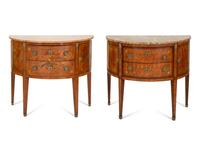 A Pair of Louis XVI Style Demilune Marble-Top Small Commodes