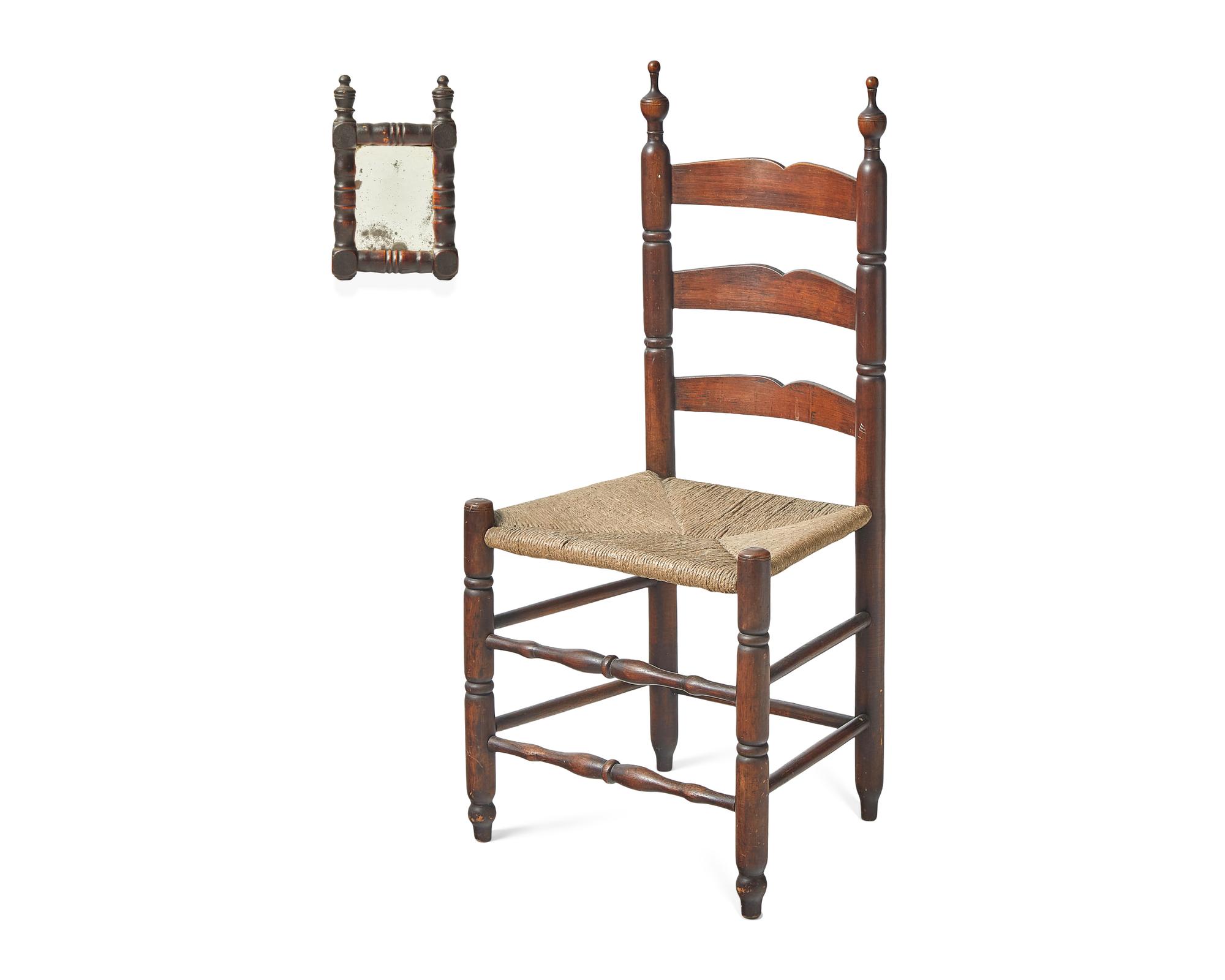A Bergen County Ladder Back Chair and Small Looking Glass, New Jersey, 19th Century