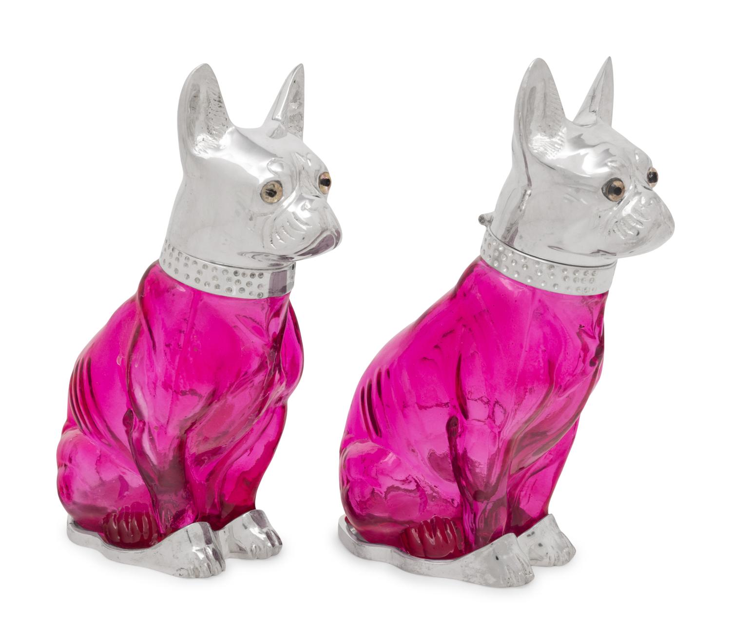 A Pair of Silver-Plate and Pink Glass Bulldog Decanters