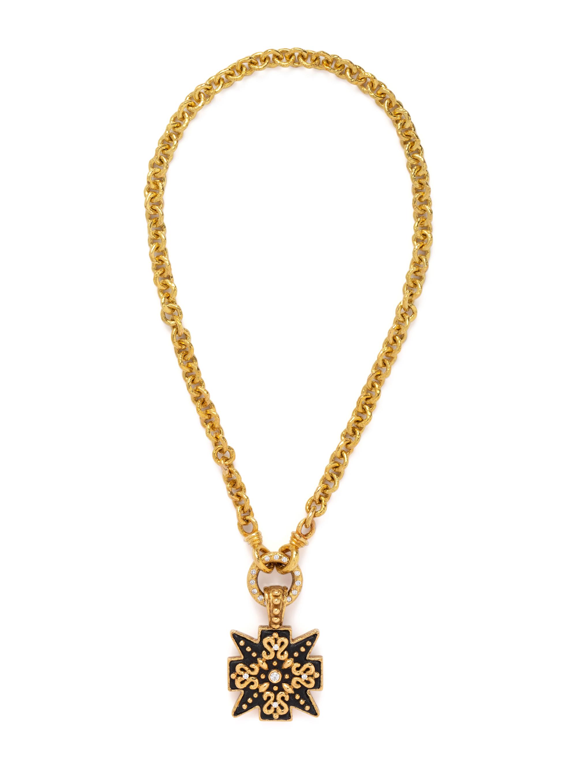 KATY BRISCOE, YELLOW GOLD, JET AND DIAMOND PENDANT/NECKLACE