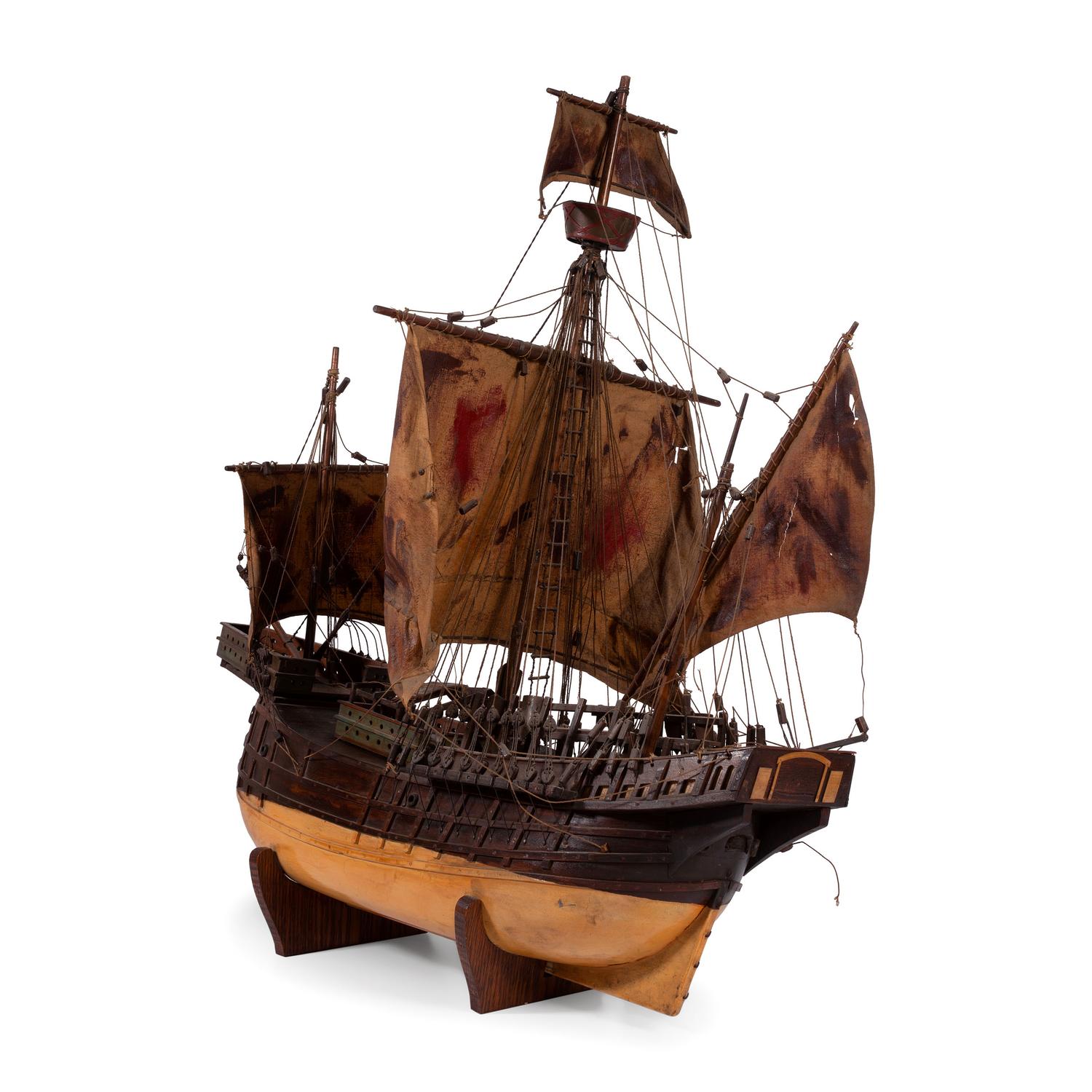 A Painted Wood and Canvas Model of a Three-Masted Ship