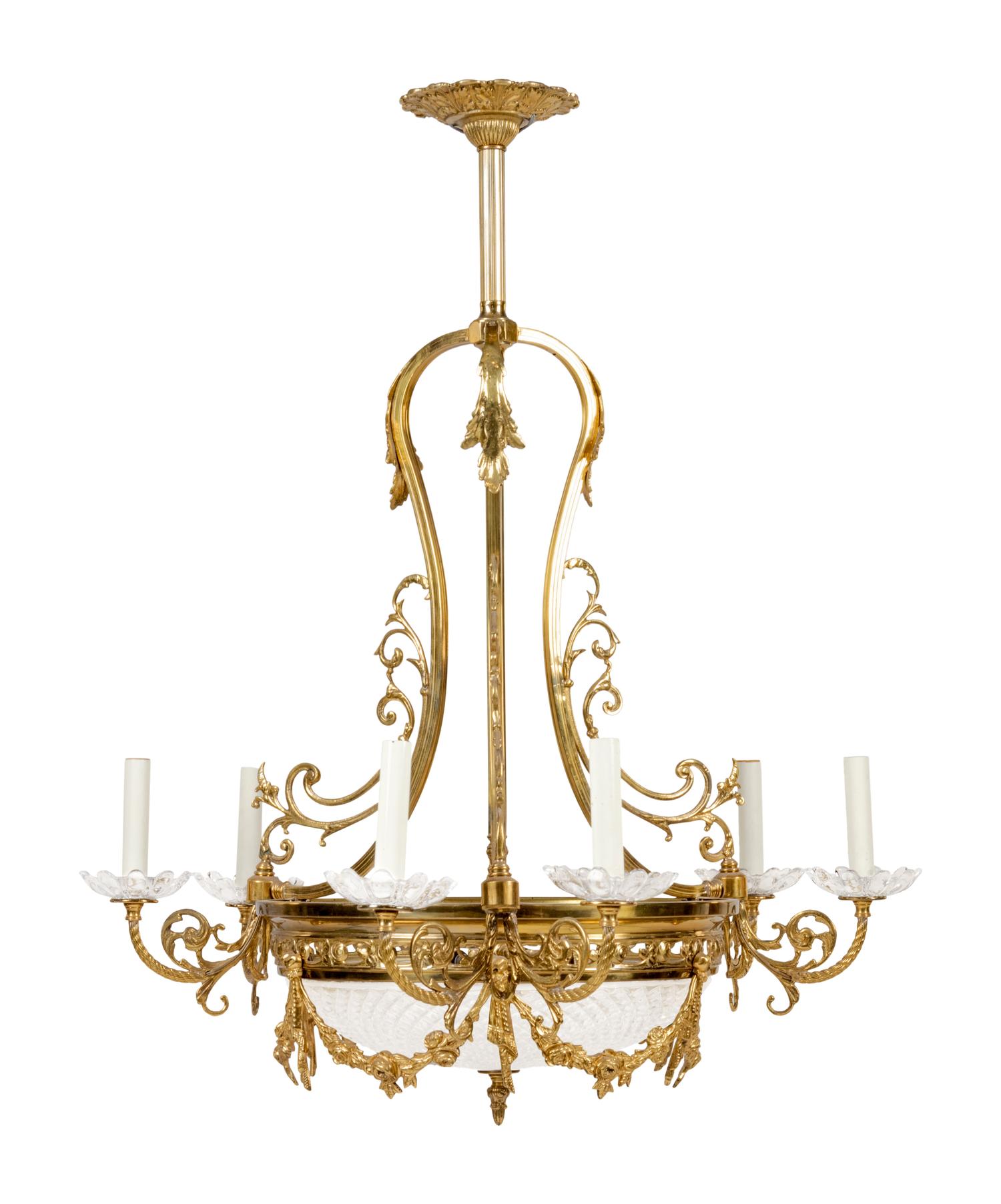 A Louis XV Style Brass and Glass Six-Light Chandelier