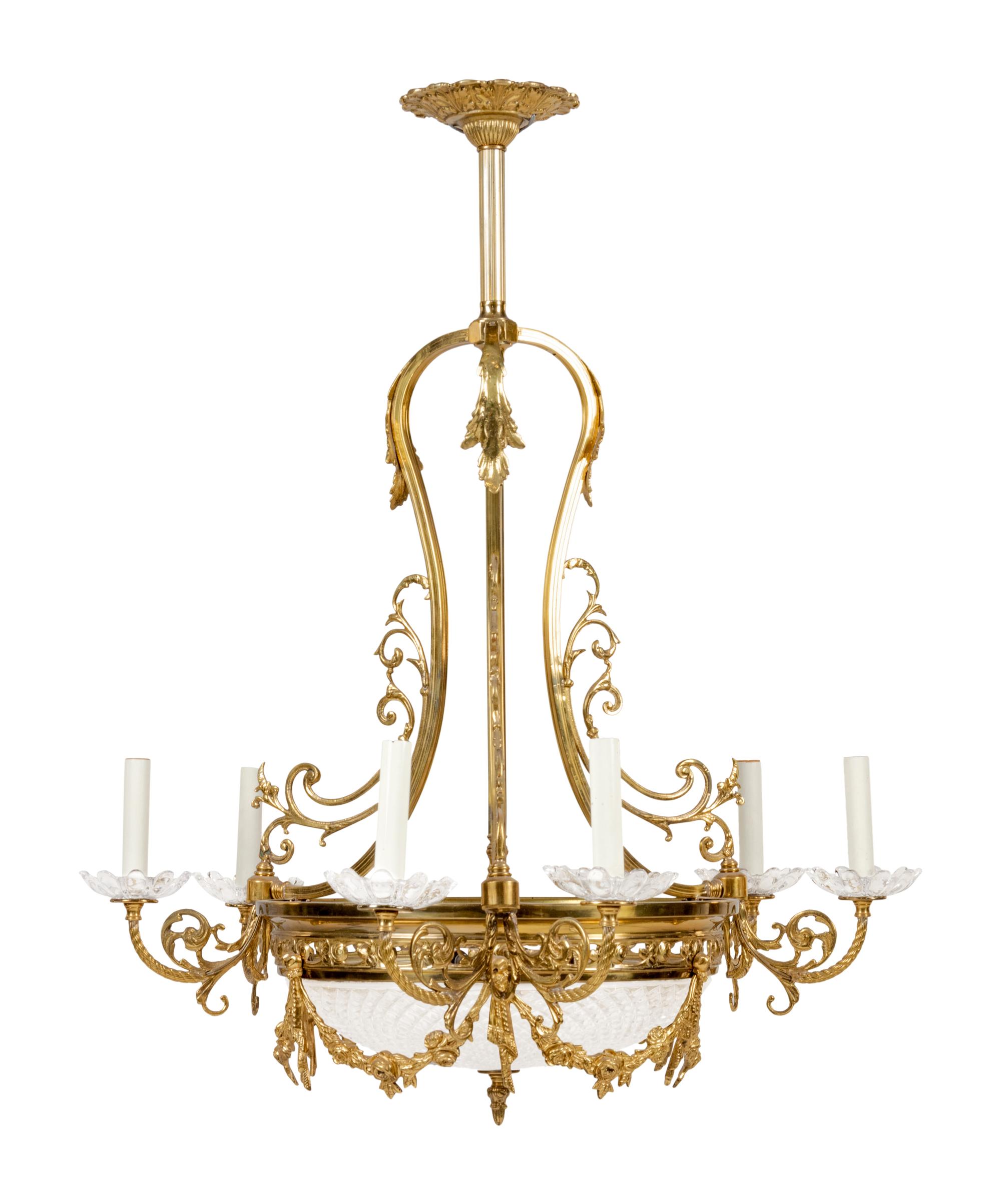 A Louis XV Style Brass and Glass Six-Light Chandelier