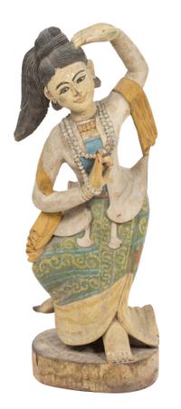 A Southeast Asian Carved Wood and Polychrome Dancing Figure Height 35 inches. — 20TH CENTURY