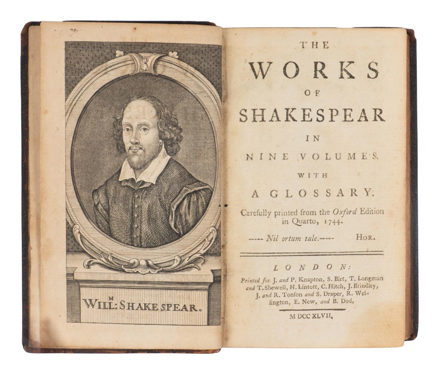 SHAKESPEARE, William (1564-1616). The Works of Shakespear...with a glossary. Carefully printed from the Oxford Edition in Quarto, 1744 . Sir Thomas Hanmer, editor. London: Printed for J. and P. Knapton, et al, 1747.