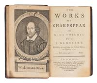 SHAKESPEARE, William (1564-1616). The Works of Shakespear...with a glossary. Carefully printed from the Oxford Edition in Quarto, 1744 . Sir Thomas Hanmer, editor. London: Printed for J. and P. Knapton, et al, 1747.