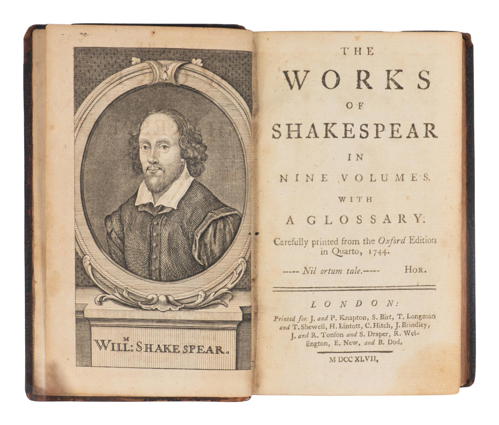 SHAKESPEARE, William (1564-1616). The Works of Shakespear...with a glossary. Carefully printed from the Oxford Edition in Quarto, 1744 . Sir Thomas Hanmer, editor. London: Printed for J. and P. Knapton, et al, 1747.