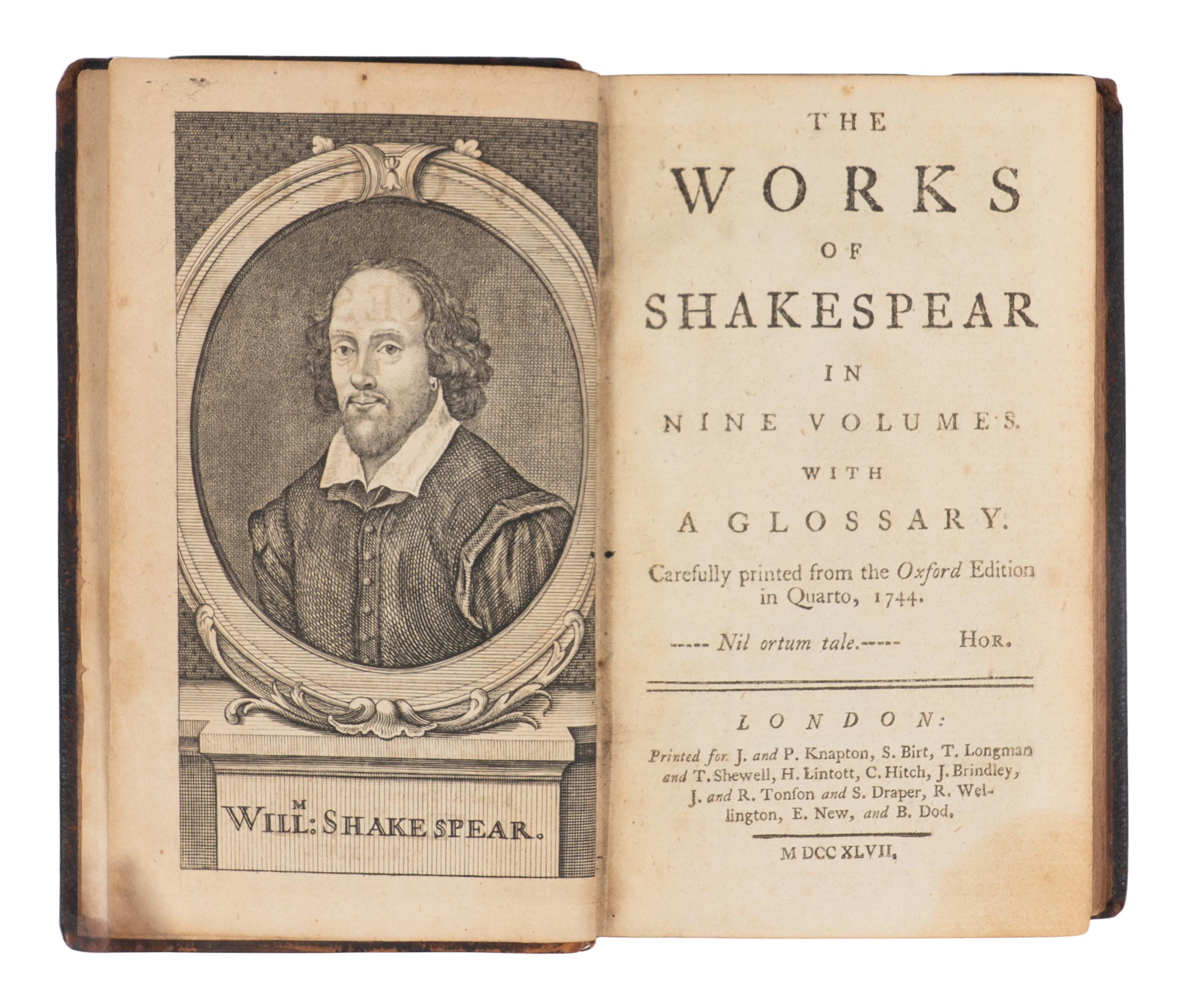 SHAKESPEARE, William (1564-1616). The Works of Shakespear...with a glossary. Carefully printed from the Oxford Edition in Quarto, 1744 . Sir Thomas Hanmer, editor. London: Printed for J. and P. Knapton, et al, 1747.