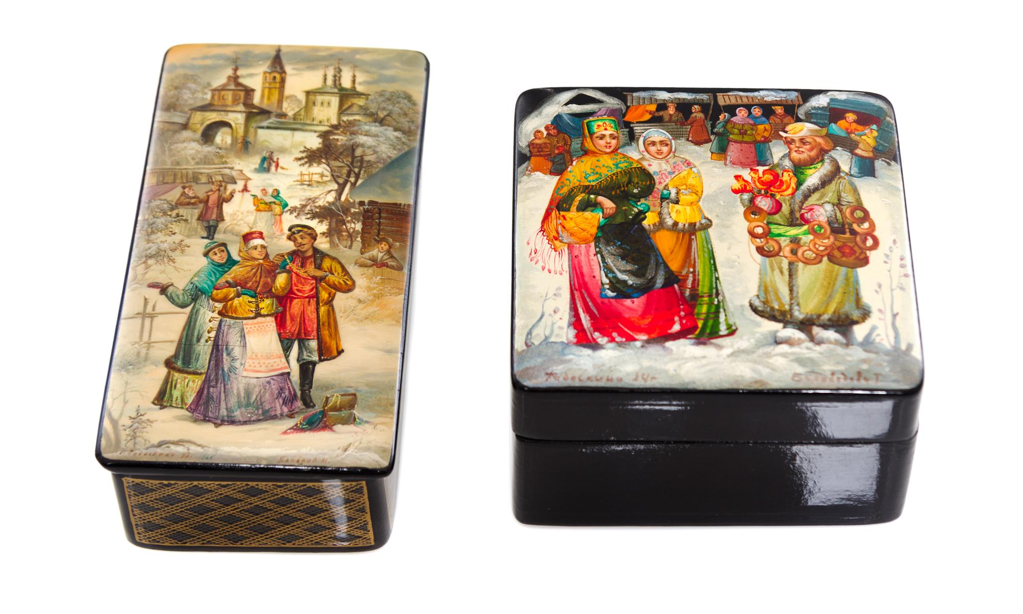 A Collection of Four Russian Lacquered Boxes, 20th Century, each of rectangular form with hinged lids, all decorated with peasant scene