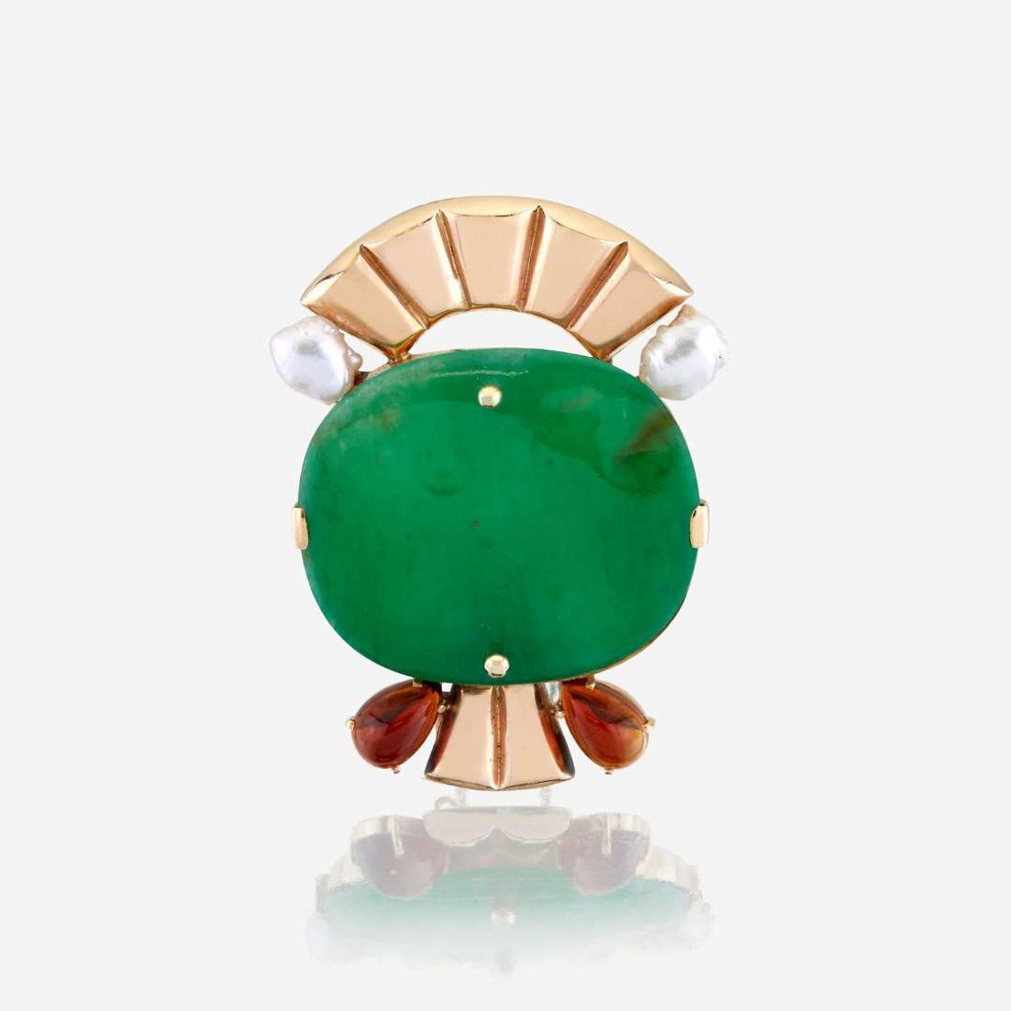 A jadeite jade, amber, cultured pearl, and gold brooch, Wedderien
