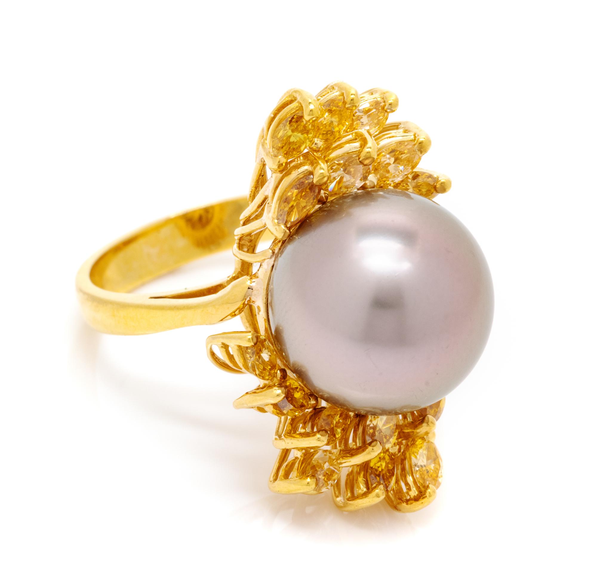 An 18 Karat Yellow Gold, Cultured South Sea Pearl and Colored Diamond Ring, 6.60 dwts.