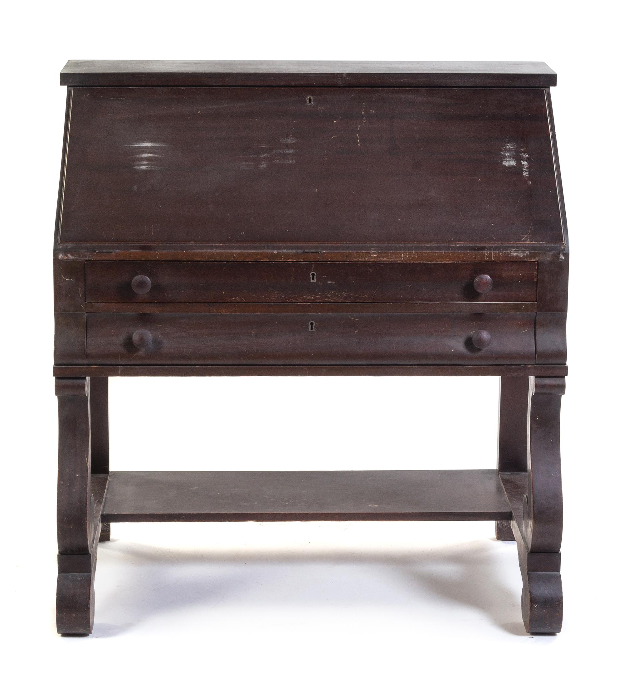 An American Empire Mahogany Slant Front Desk Height 40 1/4 x width 38 x depth 18 1/2 inches. — 19TH CENTURY