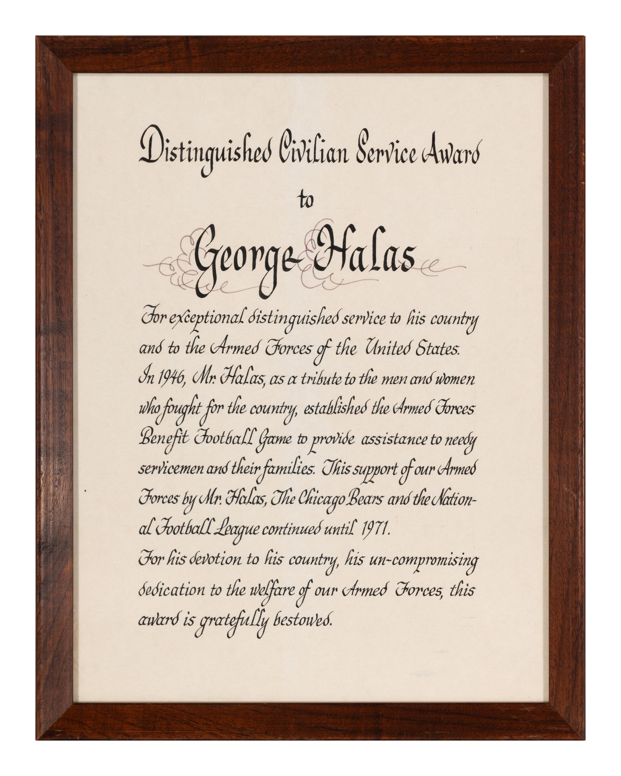 A Rare Bears Owner George Halas Distinguished Civilian Service Award from his Personal Office