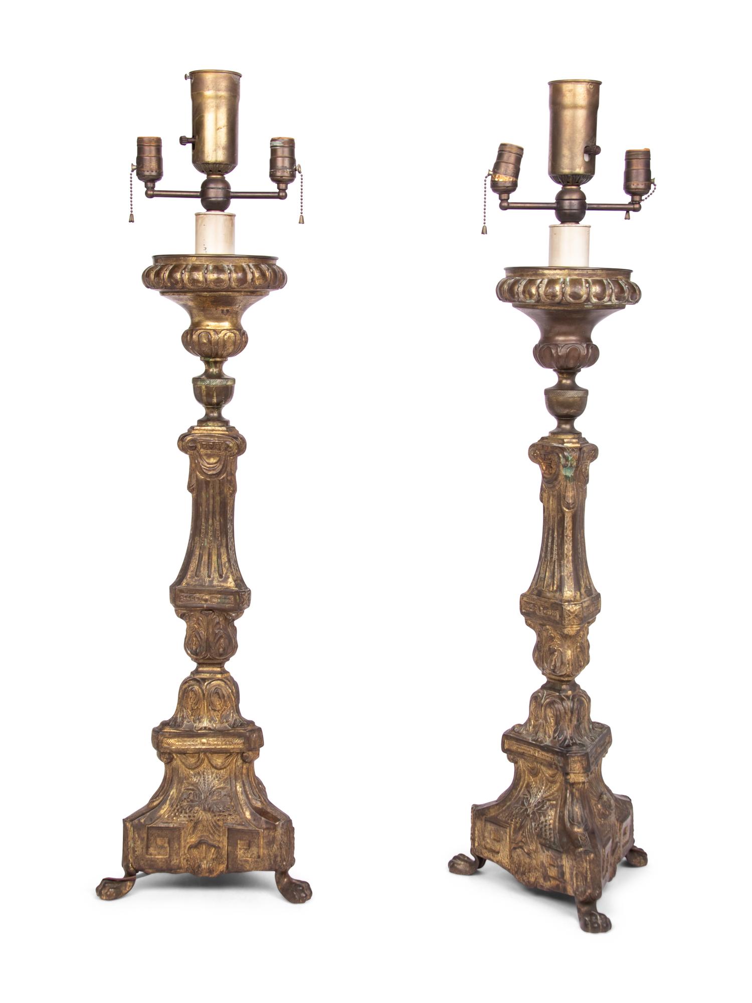 A Pair of Gilt Metal Prickets Mounted as Lamps