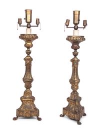 A Pair of Gilt Metal Prickets Mounted as Lamps