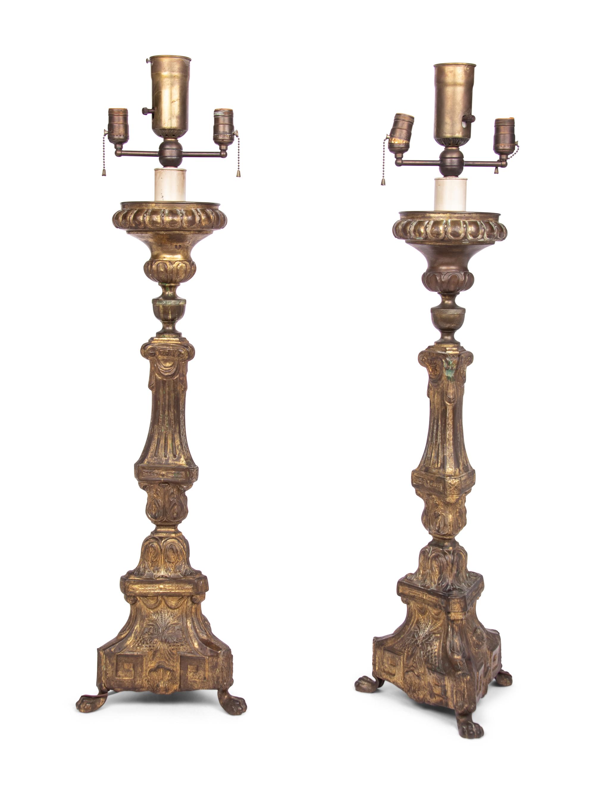 A Pair of Gilt Metal Prickets Mounted as Lamps