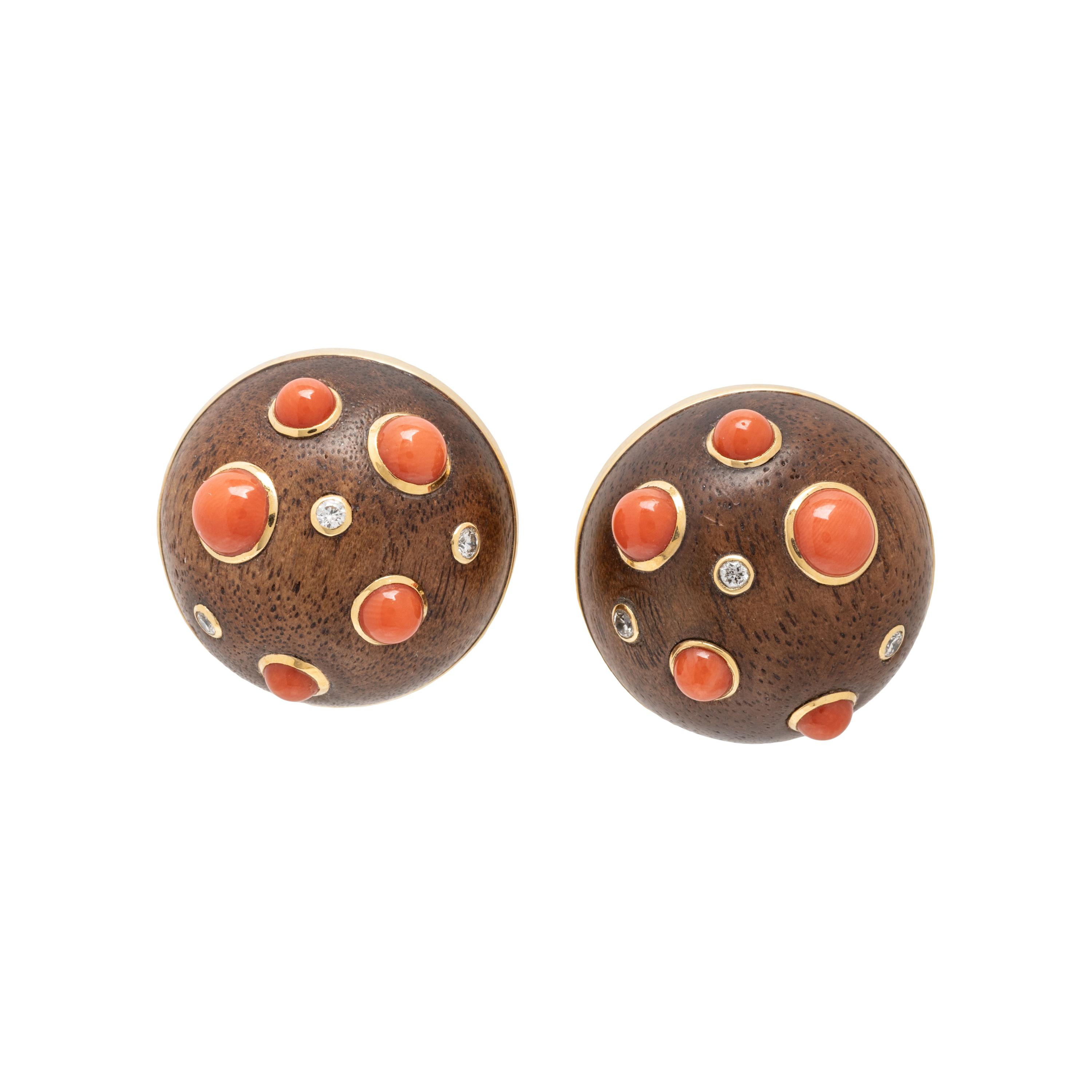 TRIANON, WOOD, CORAL AND DIAMOND CLIP EARRINGS