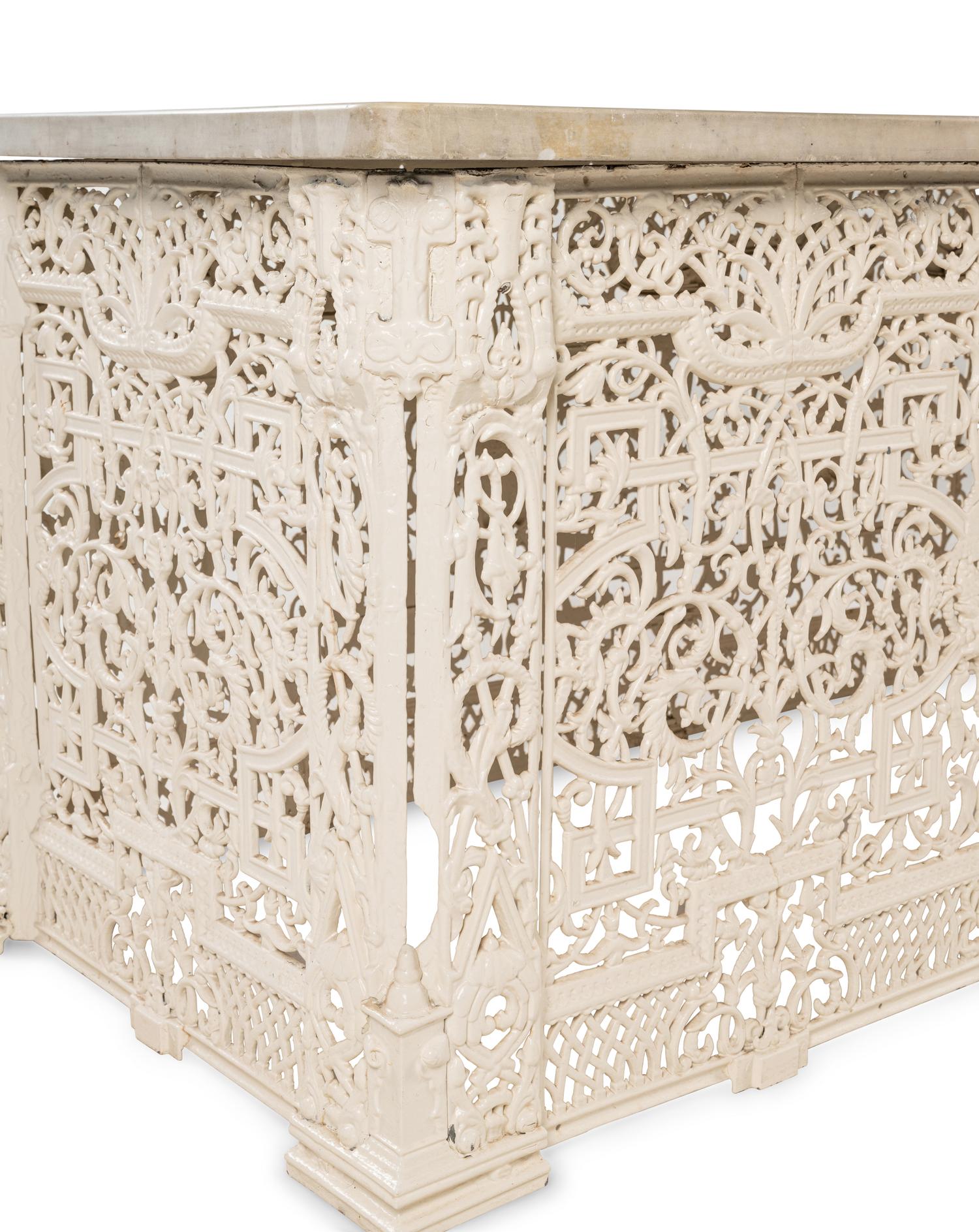 A Victorian White-Painted Cast Iron Marble-Top Radiator Cover
