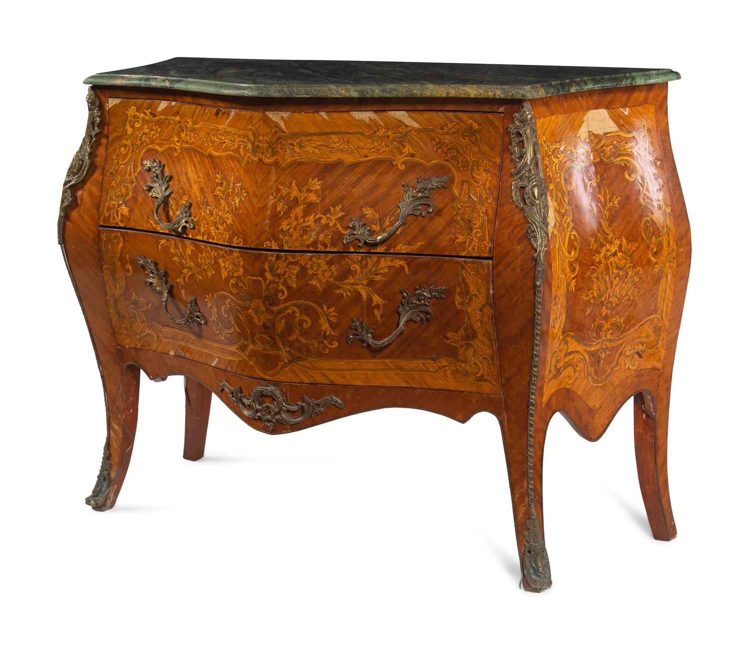 A Louis XV Style Gilt Metal Mounted Marquetry Marble-Top Commode