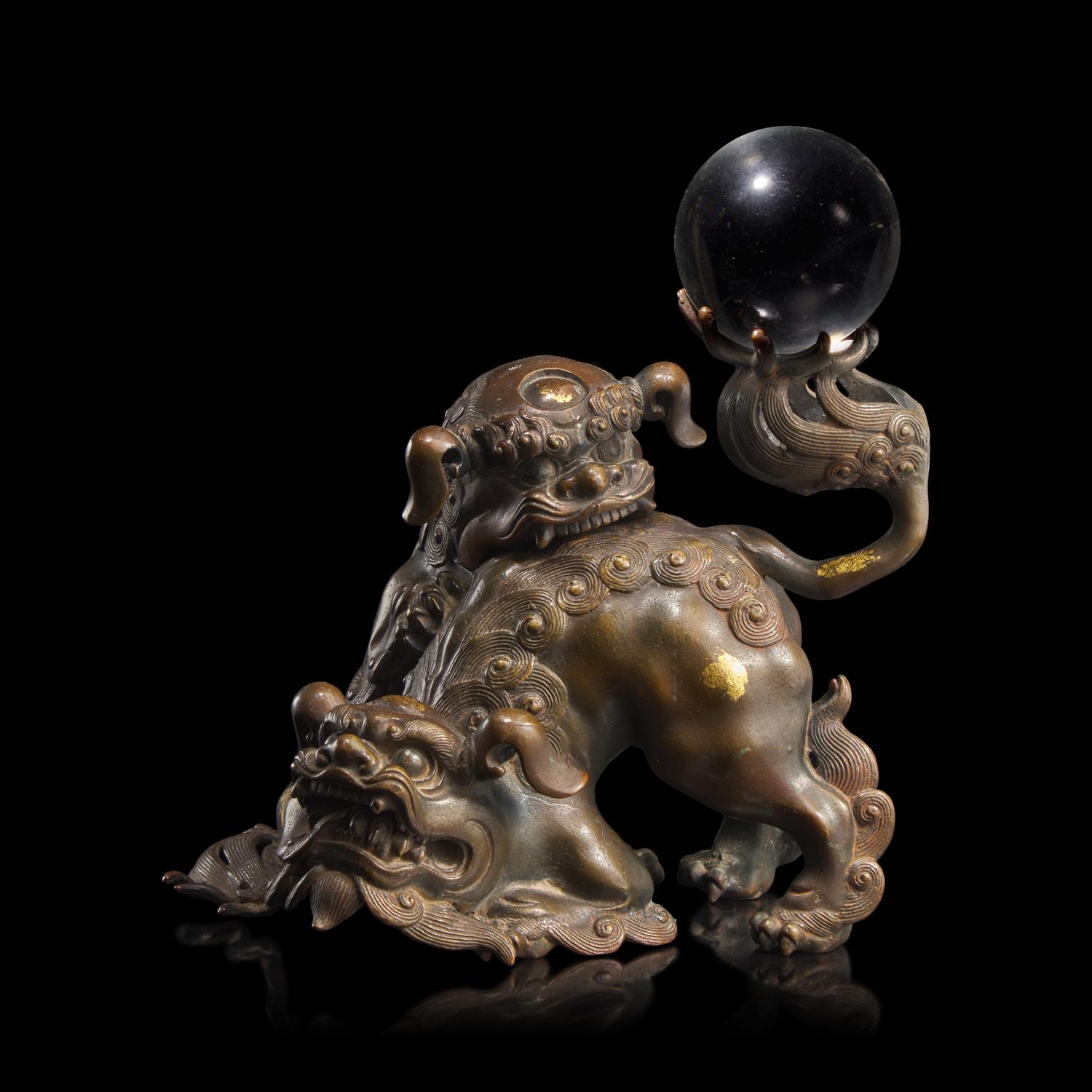 A Japanese Patinated Copper Alloy "Shishis" Koro With Crystal Ball, Omine, Meiji Period