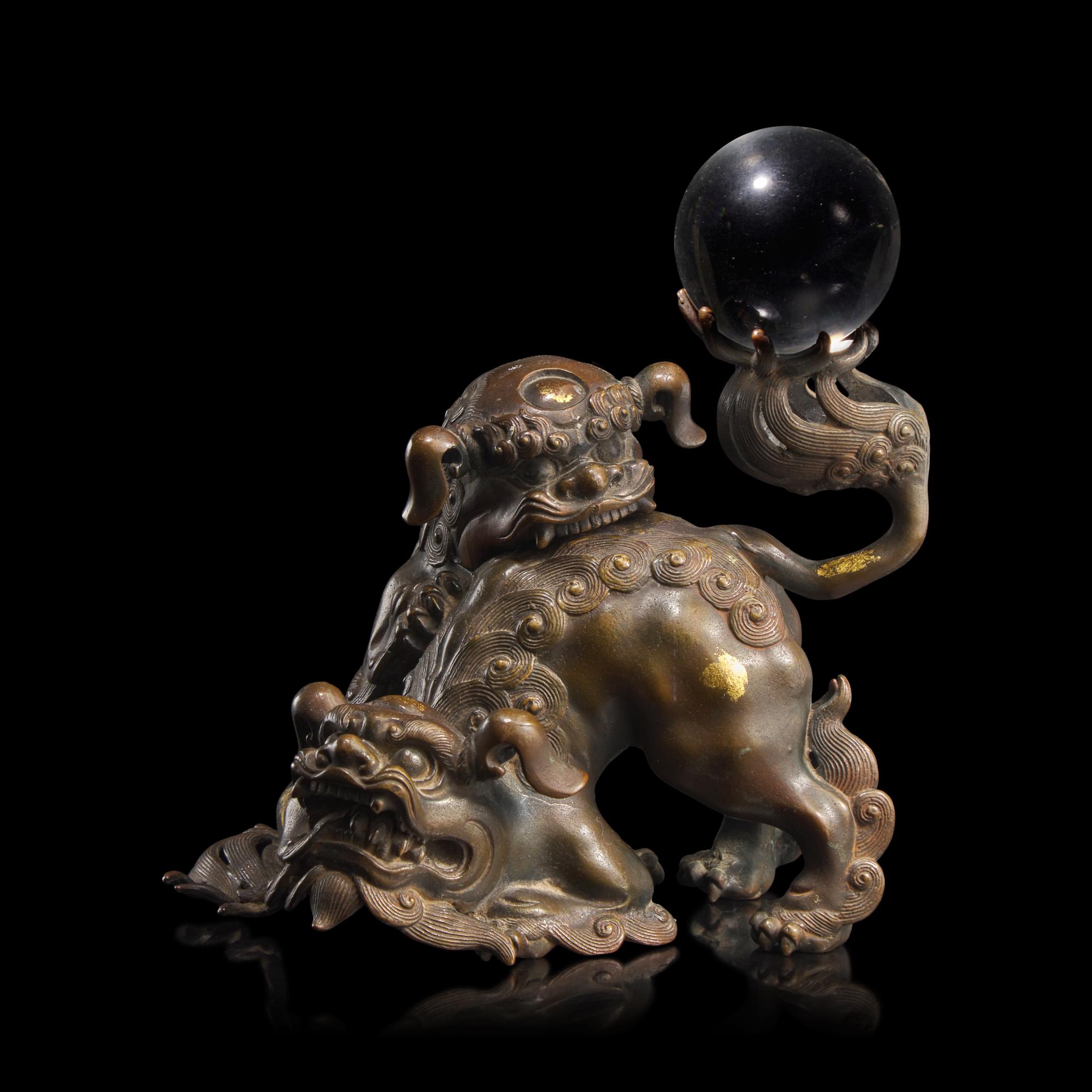 A Japanese Patinated Copper Alloy "Shishis" Koro With Crystal Ball, Omine, Meiji Period