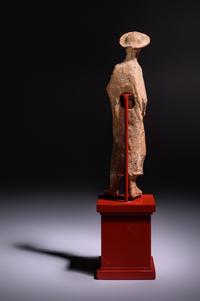 A Greek Terracotta Woman Wearing a Polos (broad-rimmed hat)