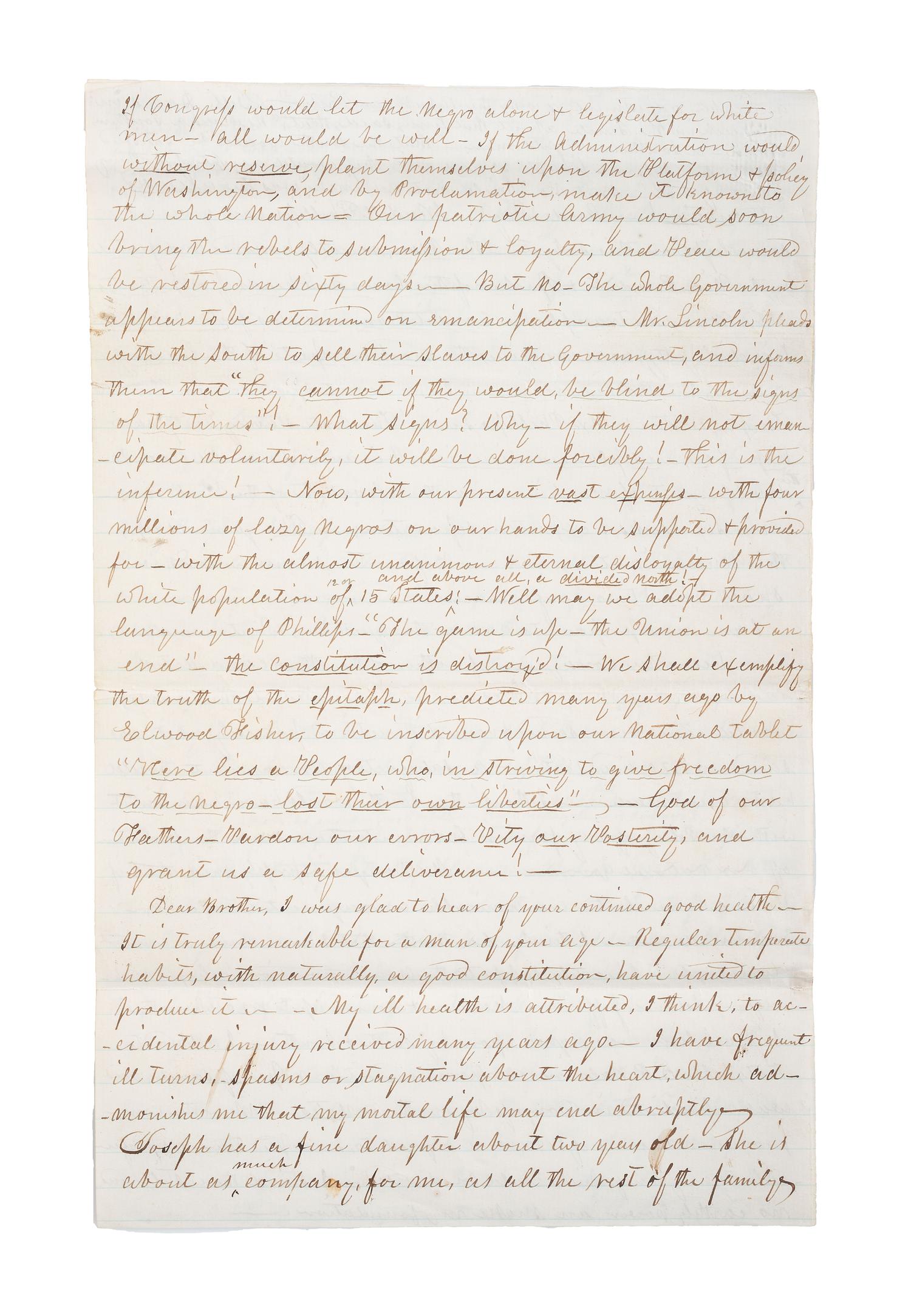 [SLAVERY & ABOLITION] -- [CIVIL WAR]. 10-page letter with extensive pro-Union and pro-slavery sentiments. Unity, [NH?], 30 May 1862.