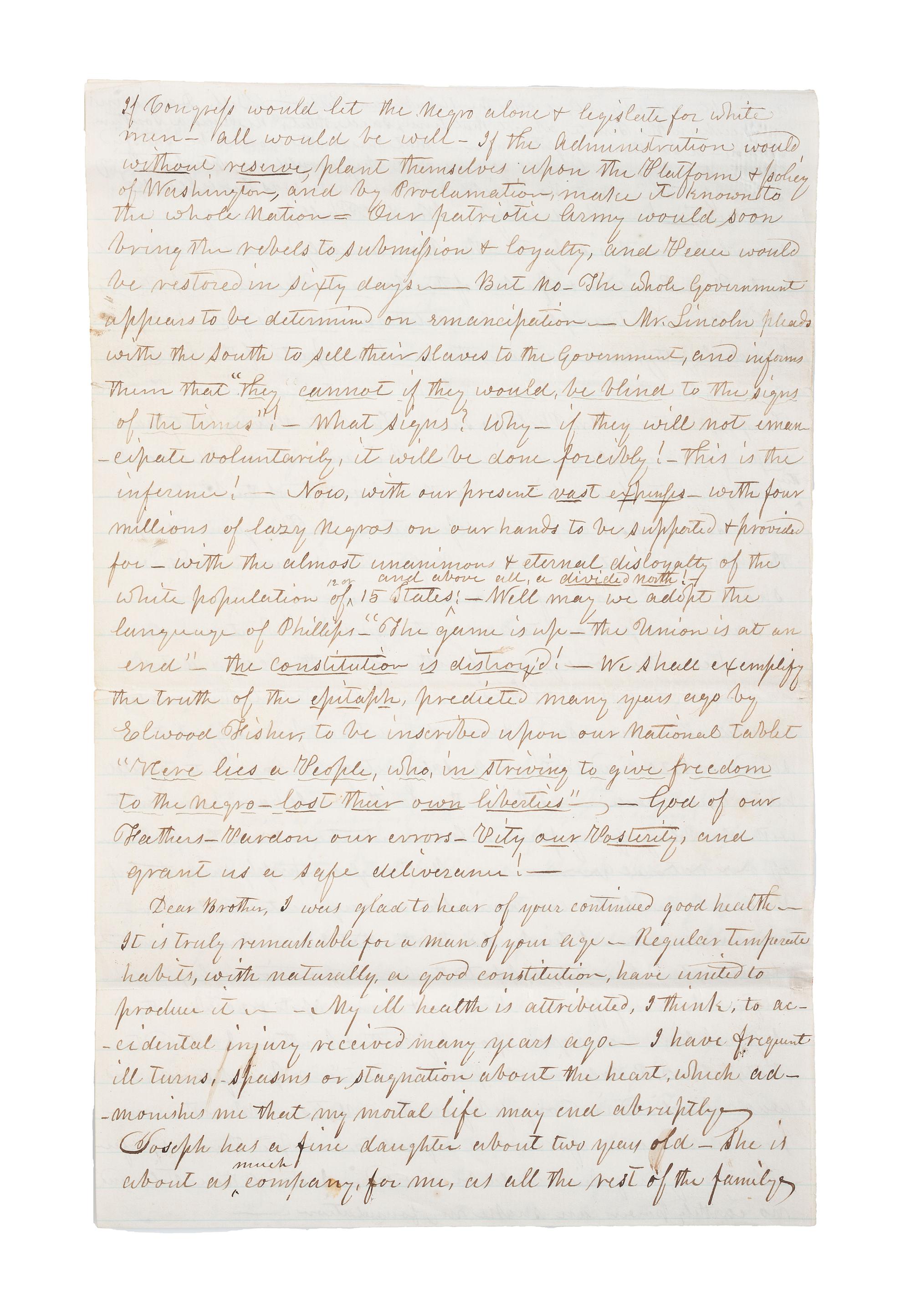 [SLAVERY & ABOLITION] -- [CIVIL WAR]. 10-page letter with extensive pro-Union and pro-slavery sentiments. Unity, [NH?], 30 May 1862.