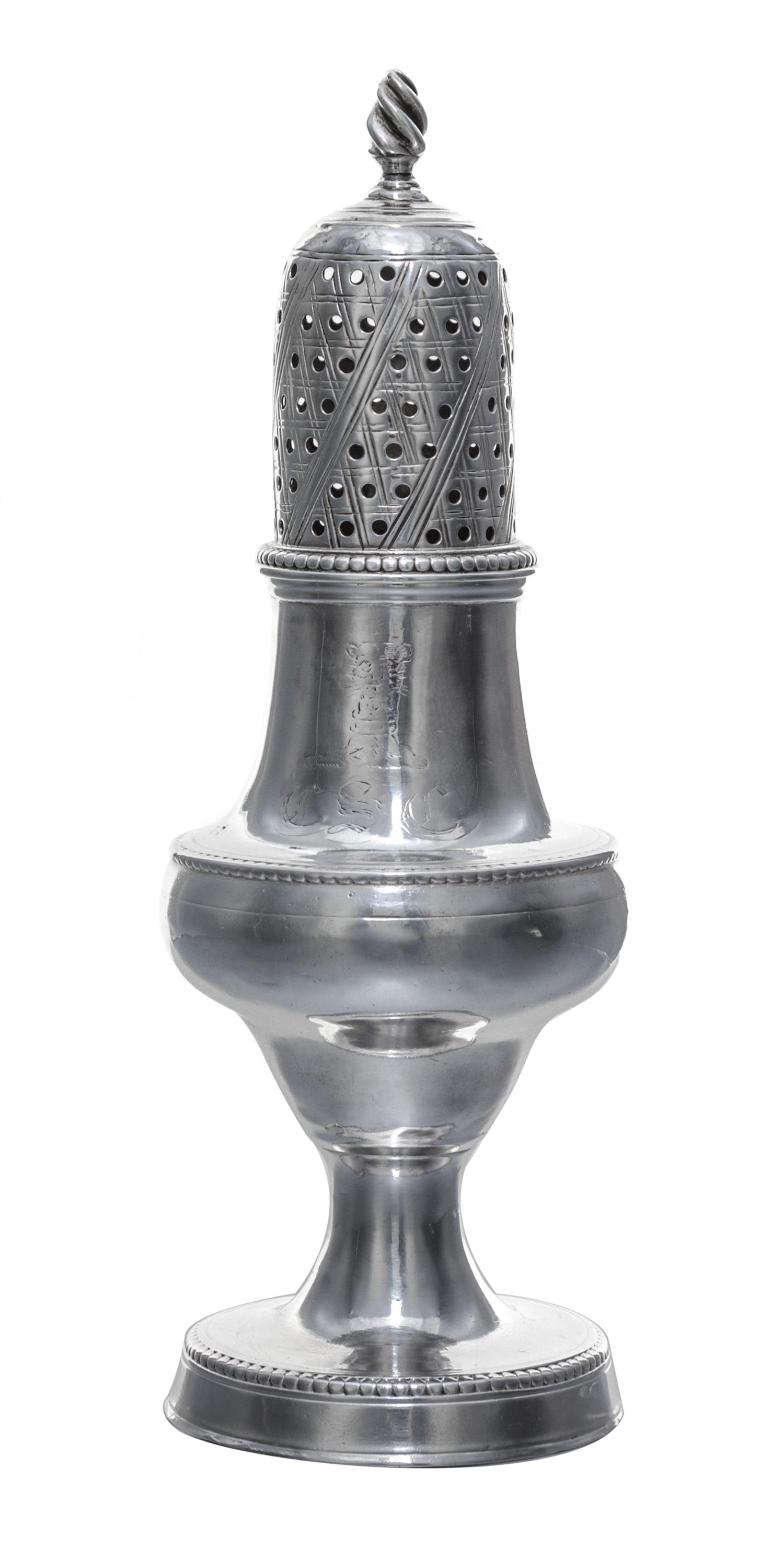 A George III Silver Caster, Hester Bateman, London, 1783, having a spiral twist finial and beaded edges.