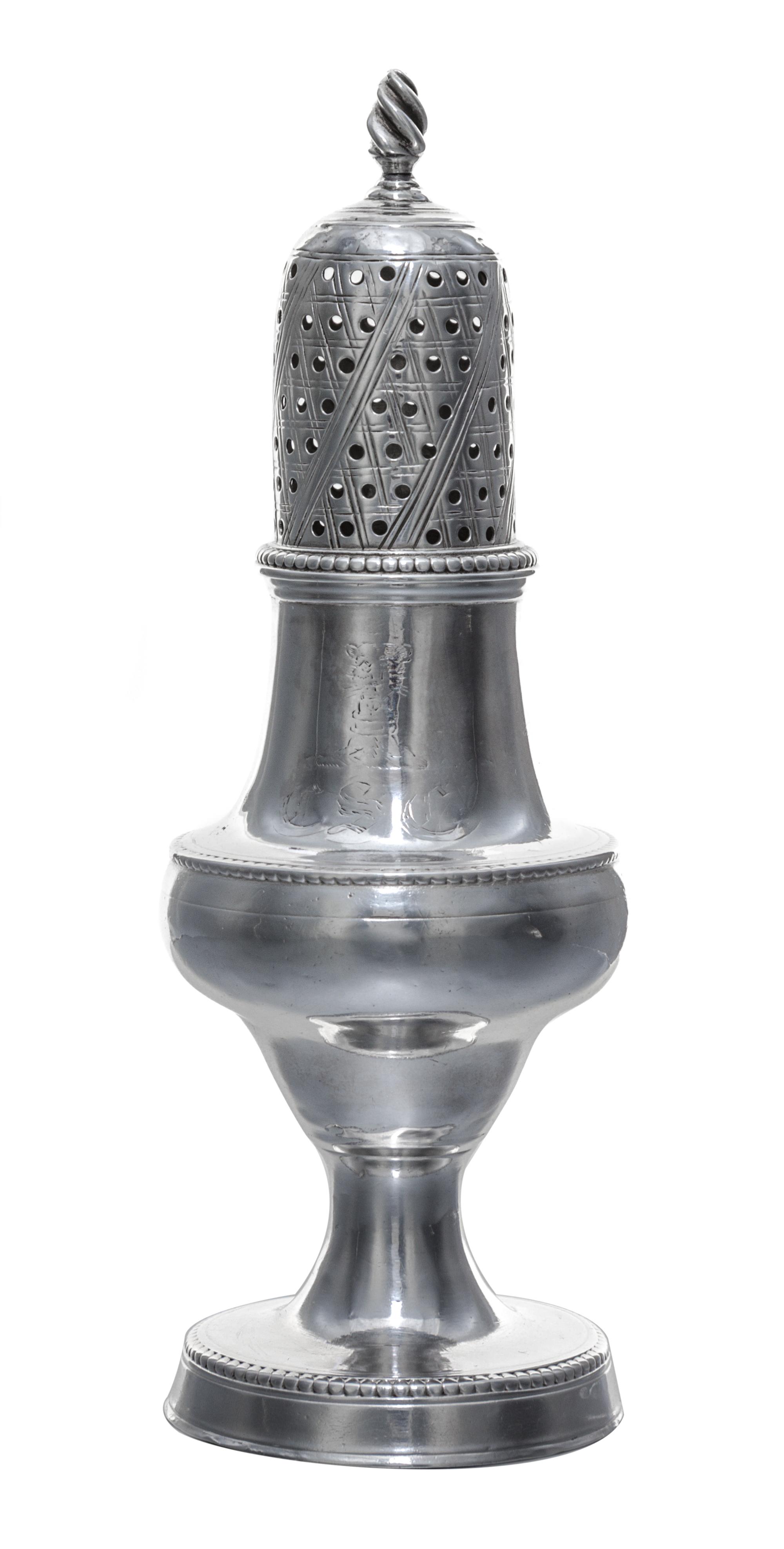 A George III Silver Caster, Hester Bateman, London, 1783, having a spiral twist finial and beaded edges.