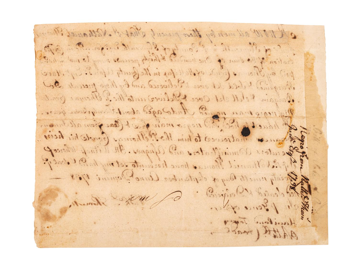 [SLAVERY & ABOLITION]. Manuscript bill of sale for an enslaved man named "Ando." Plymouth, MA, 29 September 1738.
