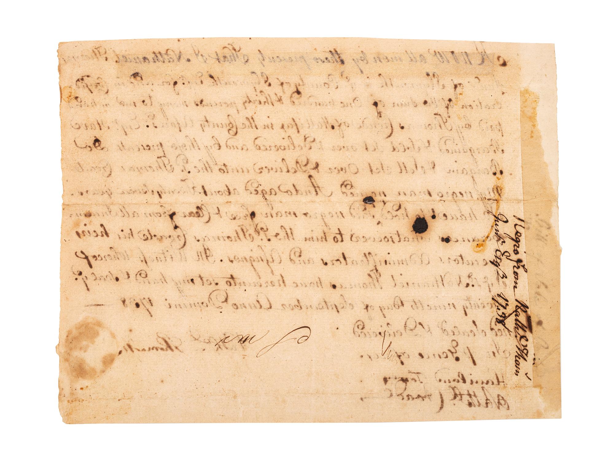 [SLAVERY & ABOLITION]. Manuscript bill of sale for an enslaved man named "Ando." Plymouth, MA, 29 September 1738.