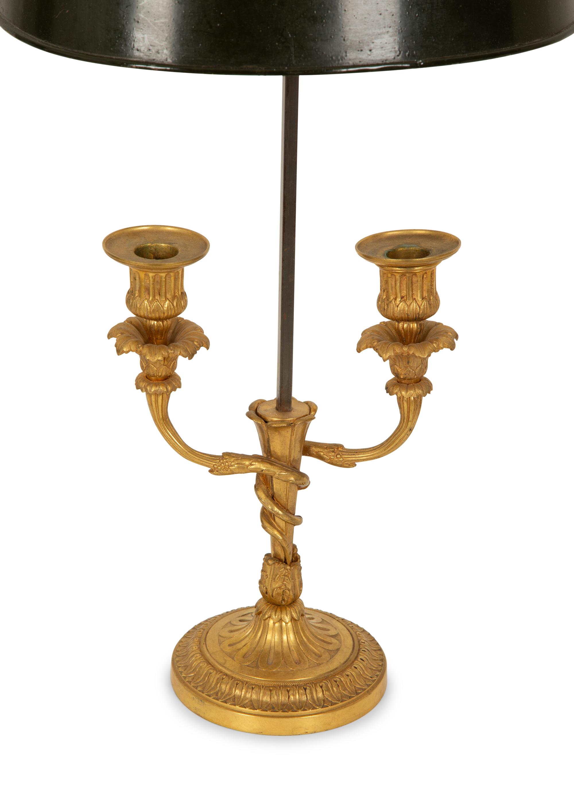 Two French Empire Style Gilt Metal Bouillotte Lamps