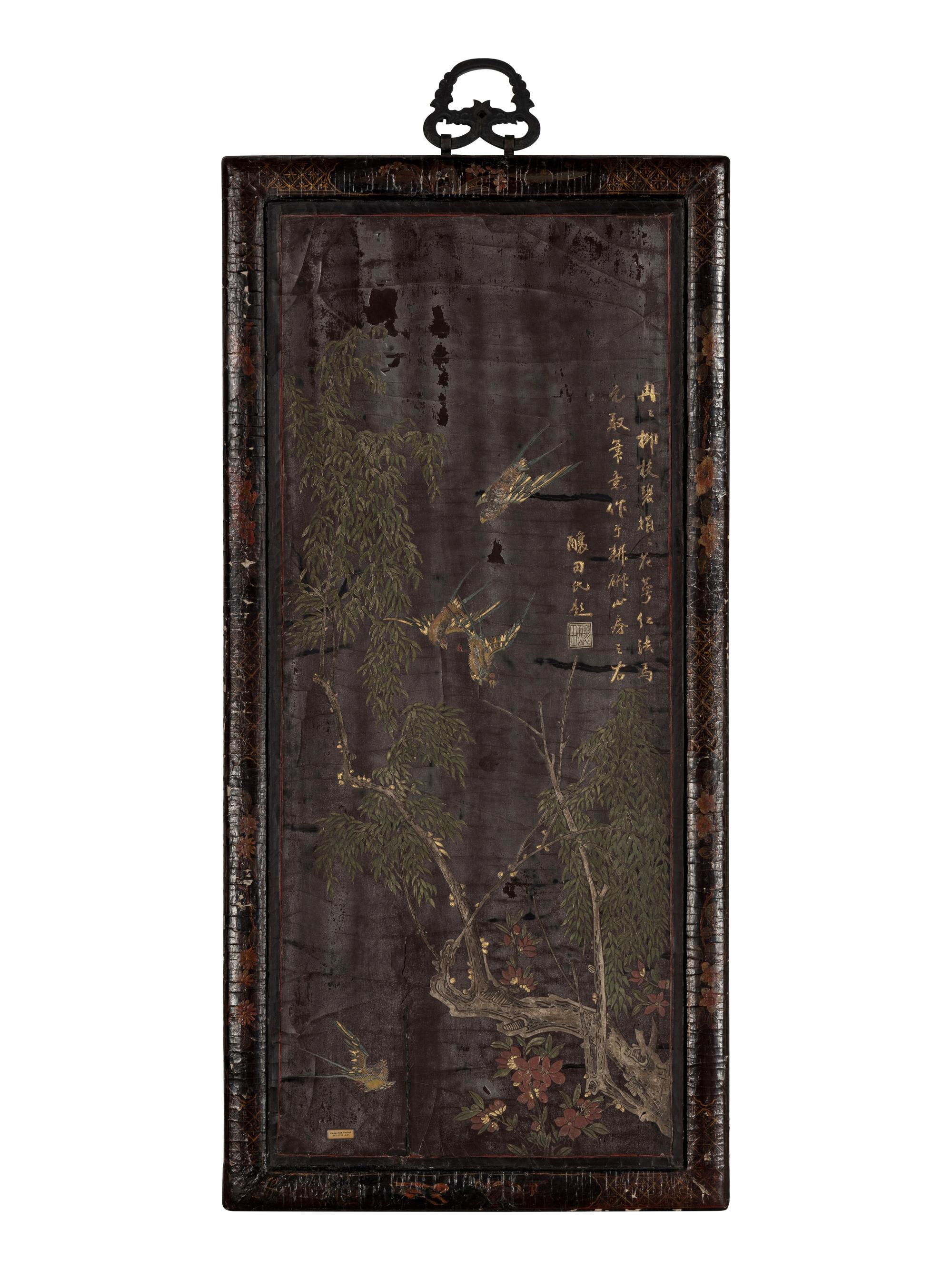A Chinese Carved and Painted Lacquered Coromandel Hanging Screen, Kangxi Period — 清康熙 款彩楊柳飛燕圖掛屏