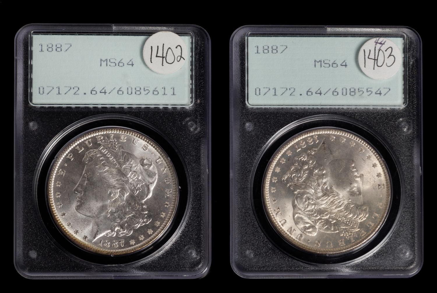 Two United States 1887 Morgan Silver Dollar Coins
