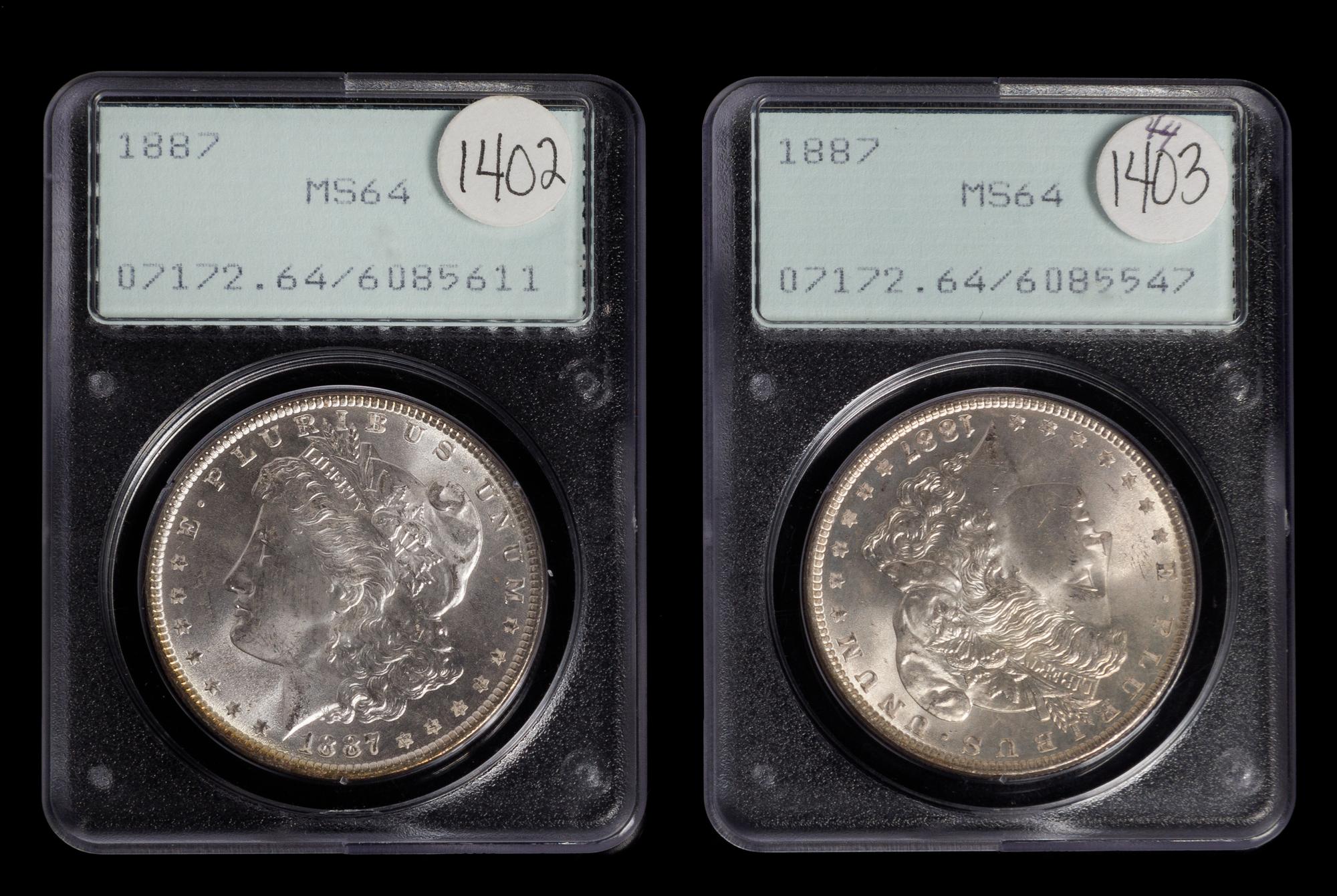 Two United States 1887 Morgan Silver Dollar Coins