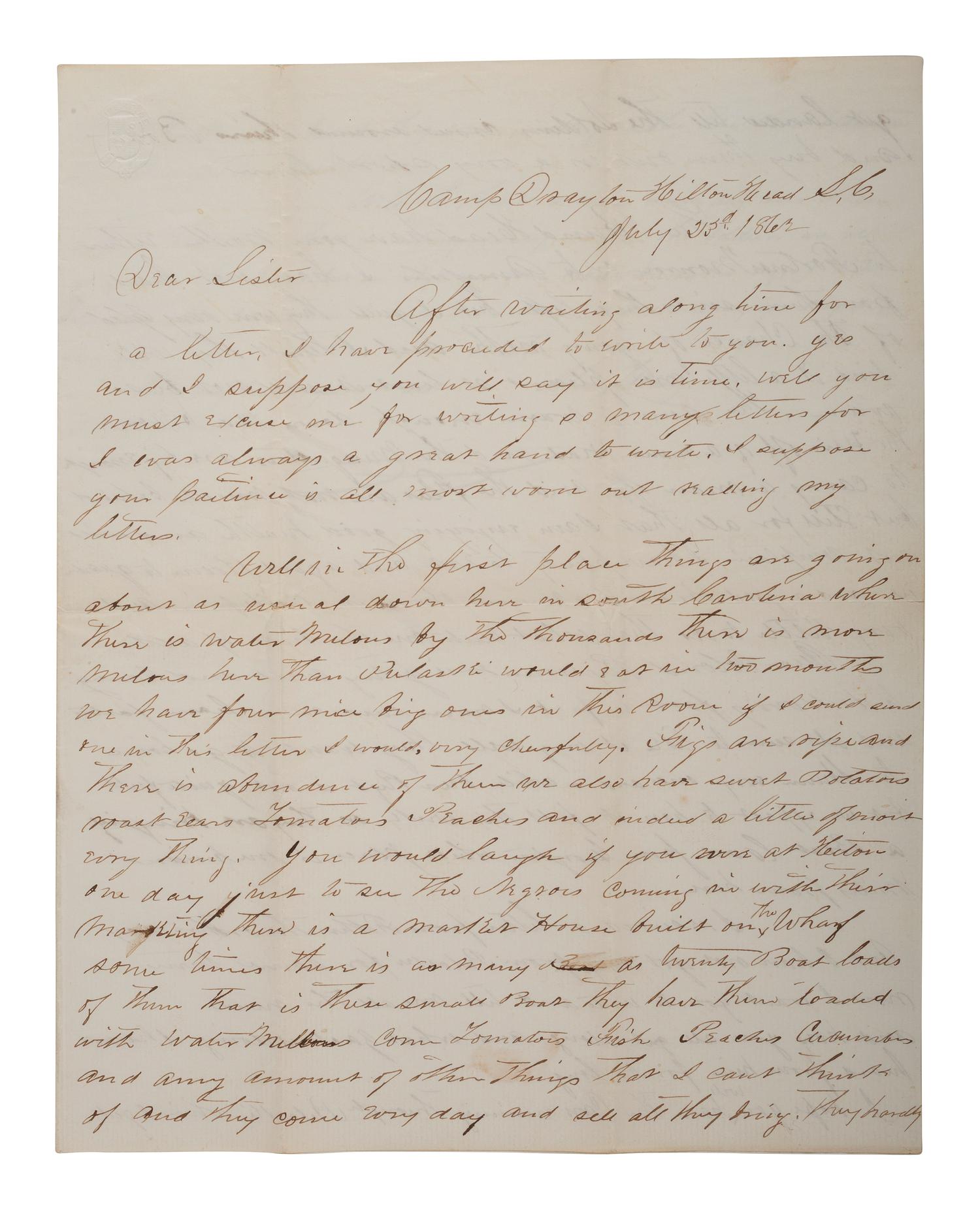 [UNITED STATES COLORED TROOPS]. Letter from Alexander Heasley (1839-1865), discussing progress of the 1st SC Colored Infantry, later the 33rd Infantry USCT. [With:] Additional document.