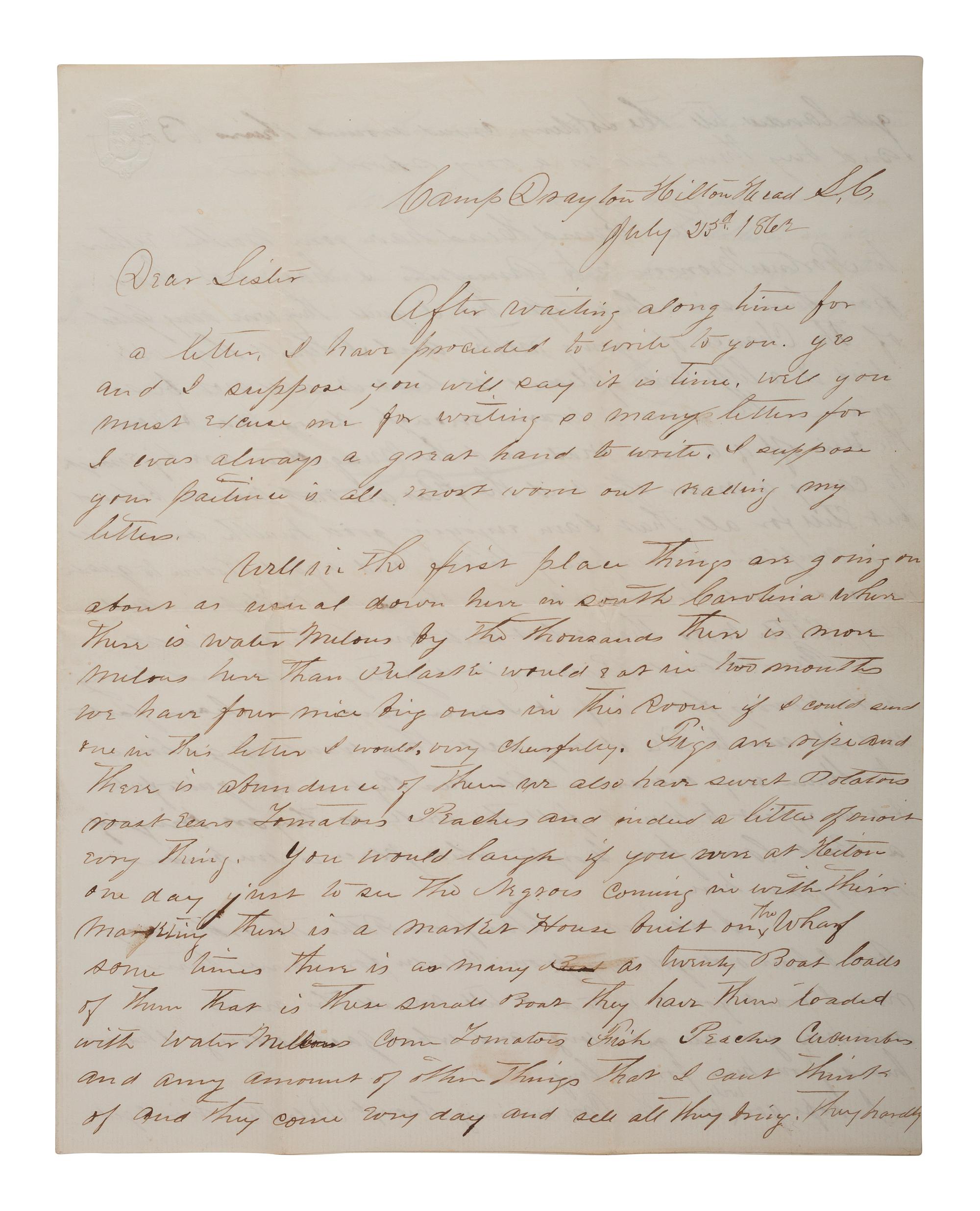 [UNITED STATES COLORED TROOPS]. Letter from Alexander Heasley (1839-1865), discussing progress of the 1st SC Colored Infantry, later the 33rd Infantry USCT. [With:] Additional document.