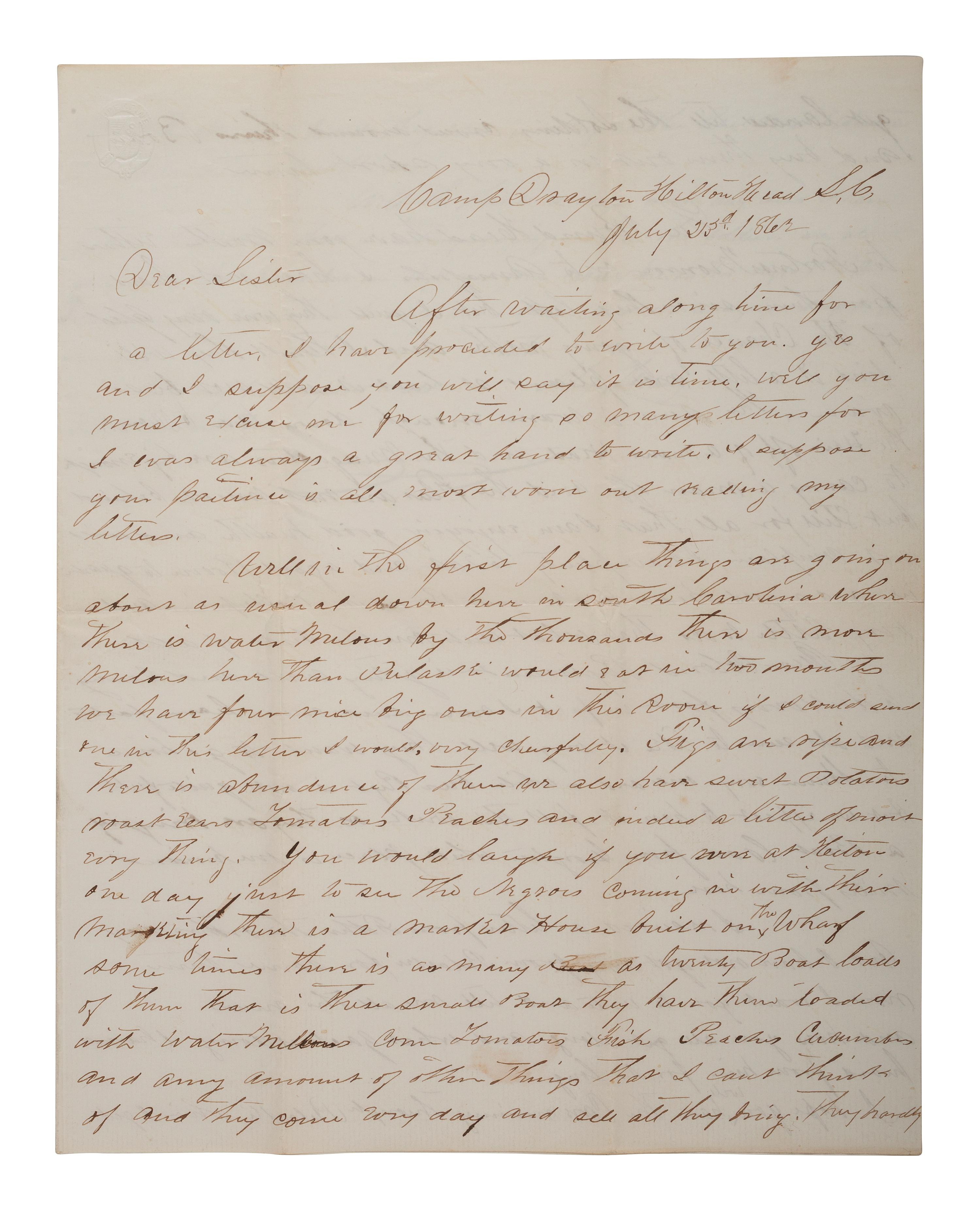 [UNITED STATES COLORED TROOPS]. Letter from Alexander Heasley (1839-1865), discussing progress of the 1st SC Colored Infantry, later the 33rd Infantry USCT. [With:] Additional document.