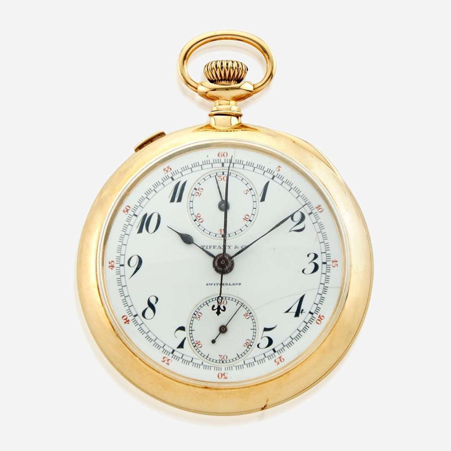 An eighteen karat gold openface split second chronograph pocket watch, Tiffany & Co. Switzerland