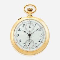 An eighteen karat gold openface split second chronograph pocket watch, Tiffany & Co. Switzerland