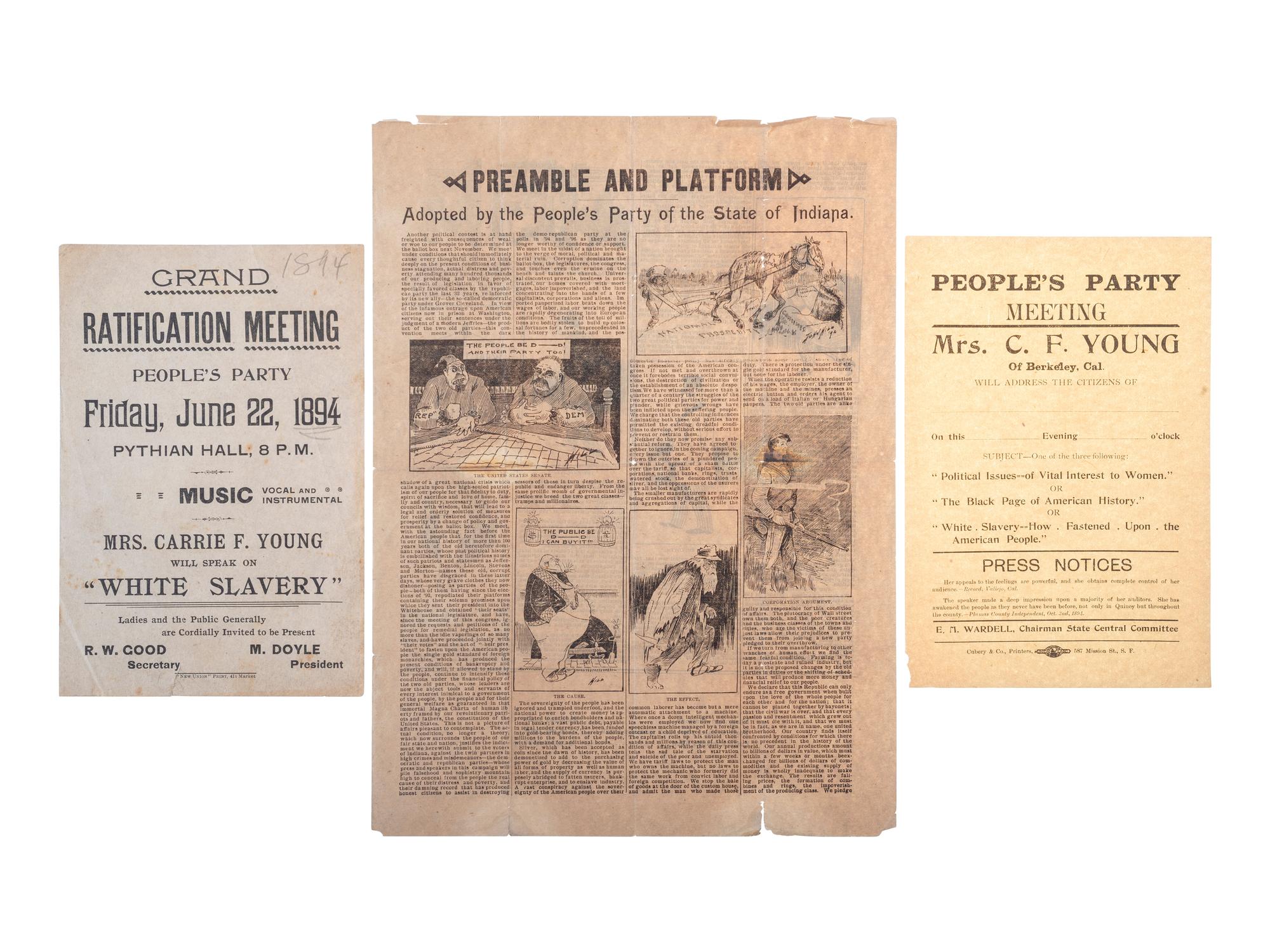 [POLITICS IN AMERICA -- PEOPLE'S PARTY] -- [YOUNG, Carrie F. (1828-1911)]. A group of two broadsides, comprising: