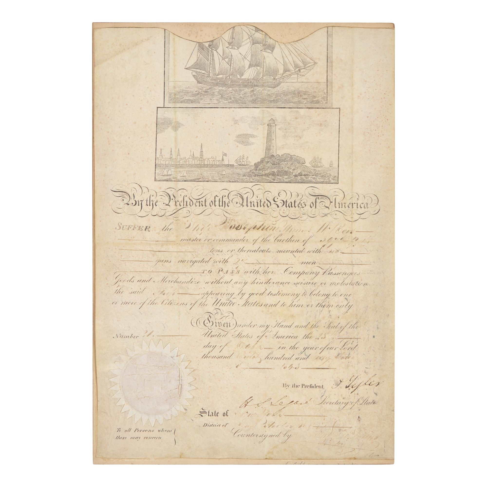 [Presidential] Tyler, John. Partially-printed ship's passport, signed