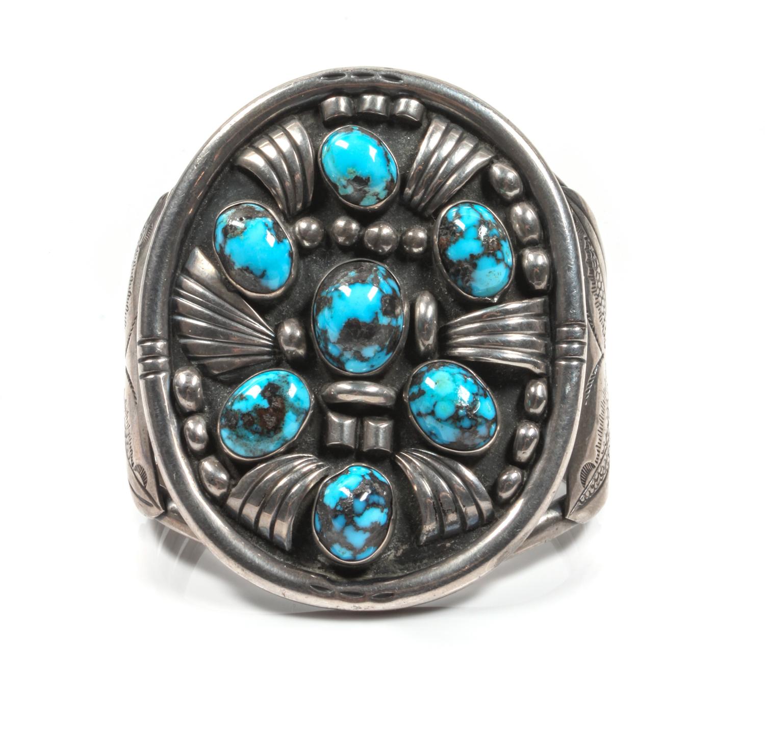 Philip Taso (Dine, 20th Century) Large Silver and Turquoise Cuff Bracelet Length 5 1/2 x opening 1 1/4 x width 3 1/4 inches
